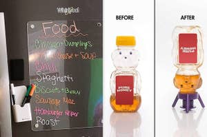 A magnetic fridge board with a grocery list and a before/after image of a honey bear bottle, one full, one empty with stuck honey