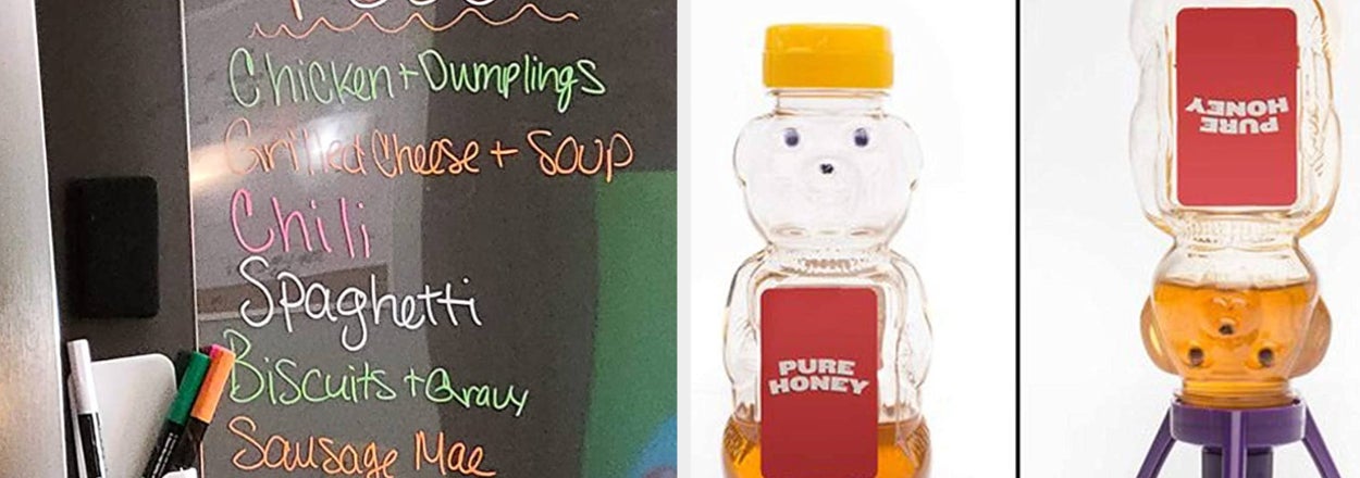 A magnetic fridge board with a grocery list and a before/after image of a honey bear bottle, one full, one empty with stuck honey