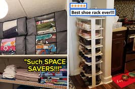 Two photos showing organization solutions: a hanging closet organizer and a vertical shoe rack in a home setting