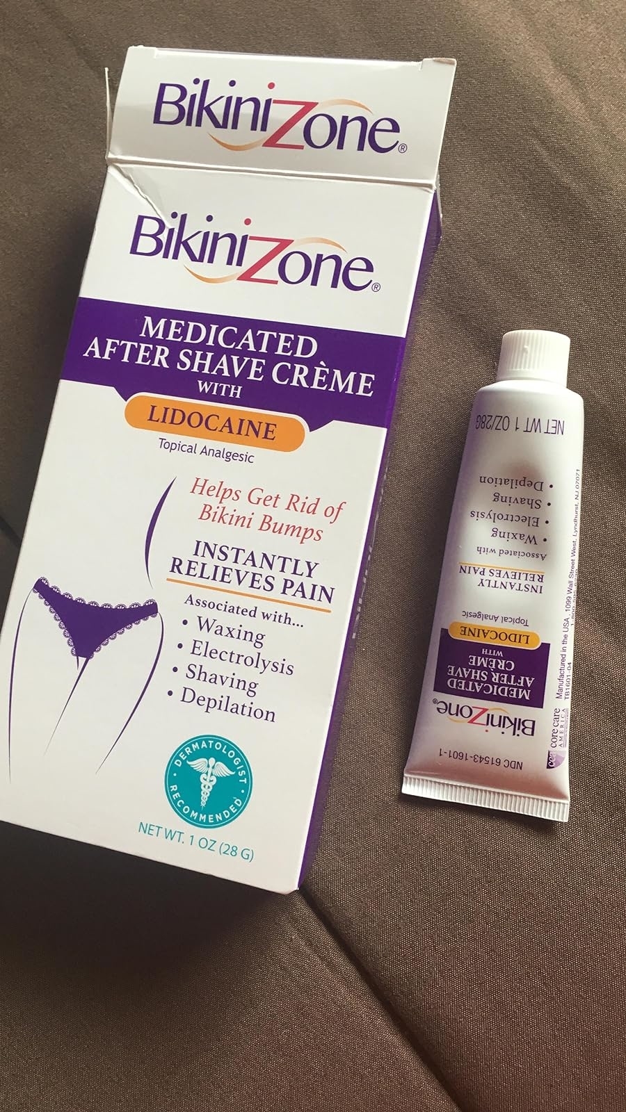 Reviewer&#x27;s photo of Bikini Zone cream and packaging with details on relief from shaving irritation