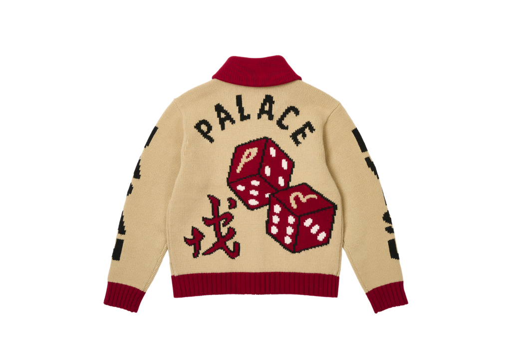 Knit sweater with &quot;PALACE&quot; text, dice, and Asian character design, red trim on neck and cuffs