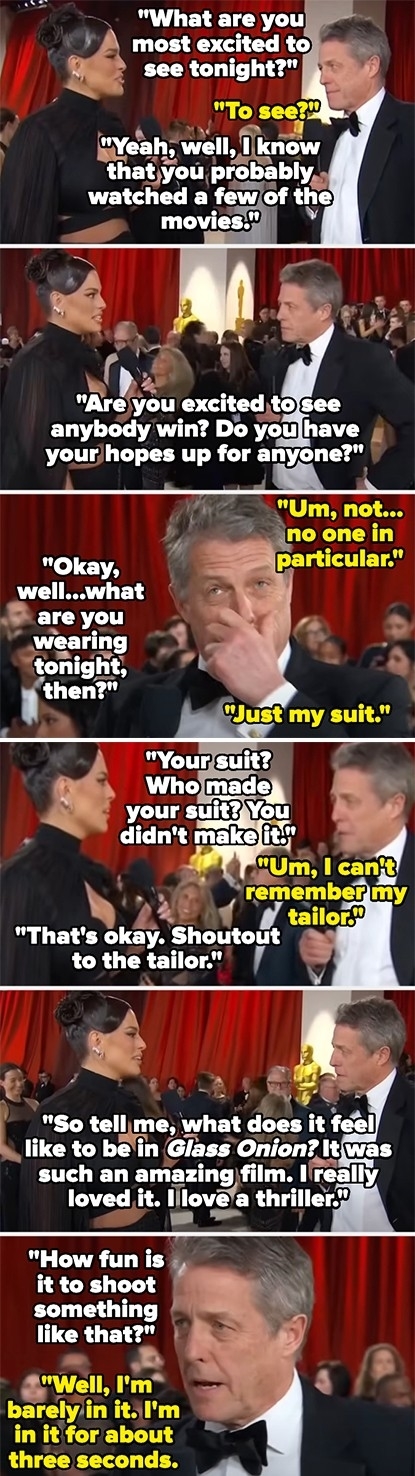 awkward interview with hugh grant and ashley graham, in which ashley asks him about his suit, &quot;Glass Onion,&quot; and who he&#x27;s rooting for to win awards