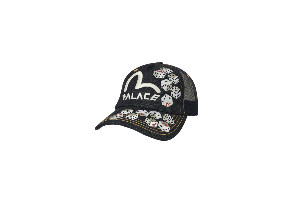 Black trucker hat with &quot;Palace&quot; logo and playing card embroidery