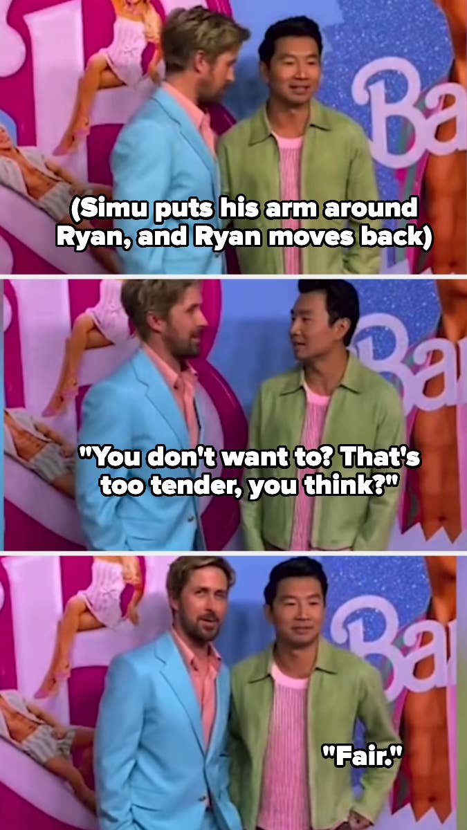 Simu Liu in a suit with Ryan Gosling, who wears a pink jacket and gestures. Comic dialogue captions are present
