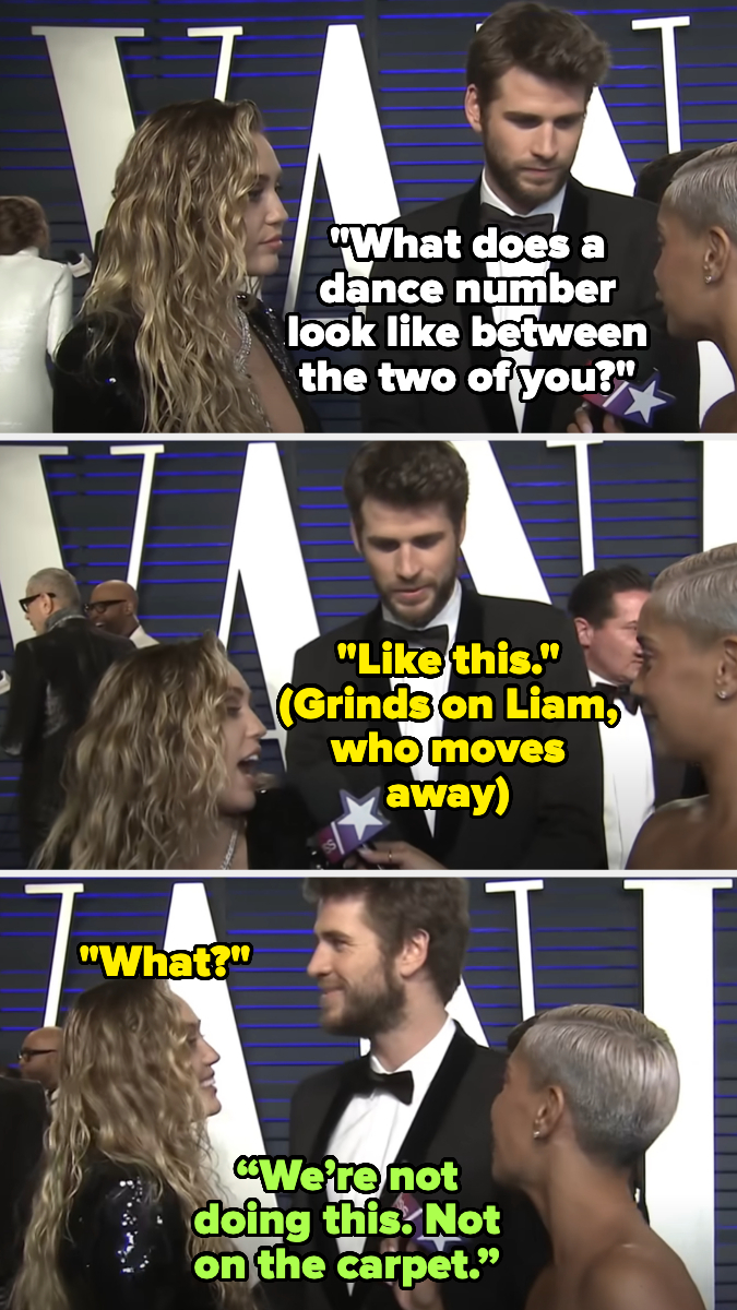 Miley Cyrus and Liam Hemsworth exchange words during an interview at an event