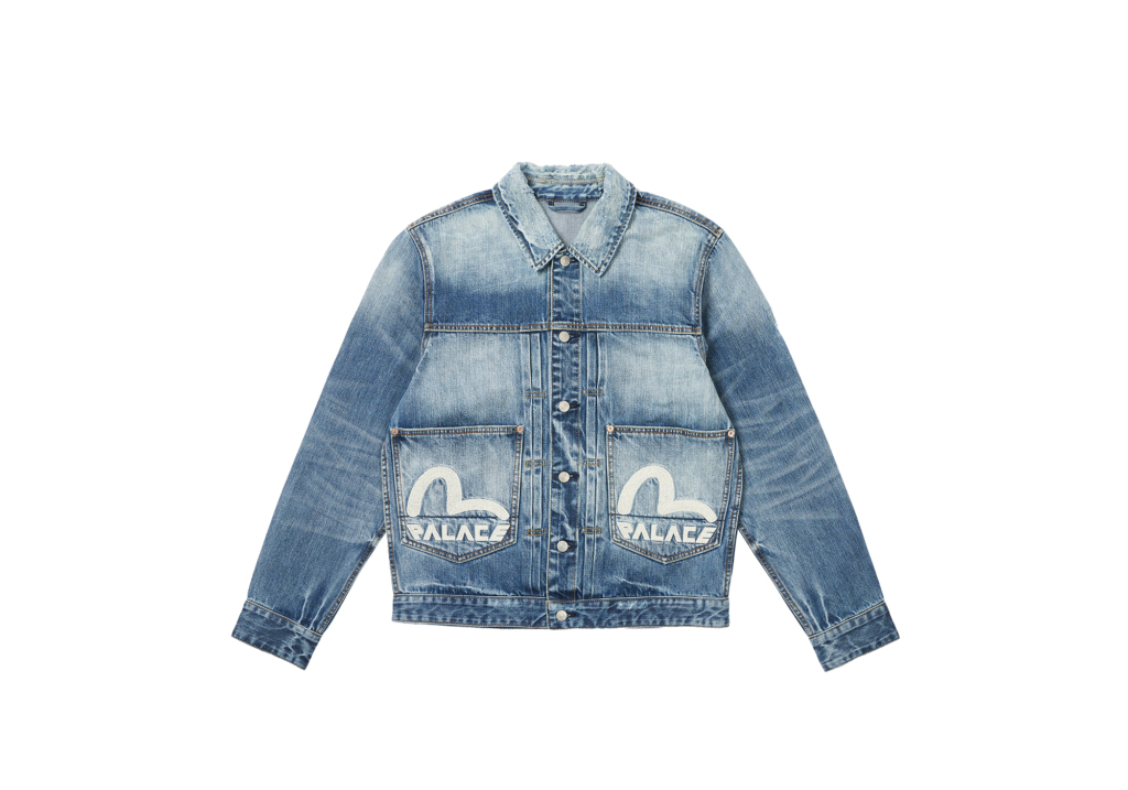 Denim jacket with &#x27;PALACE&#x27; branding on the back