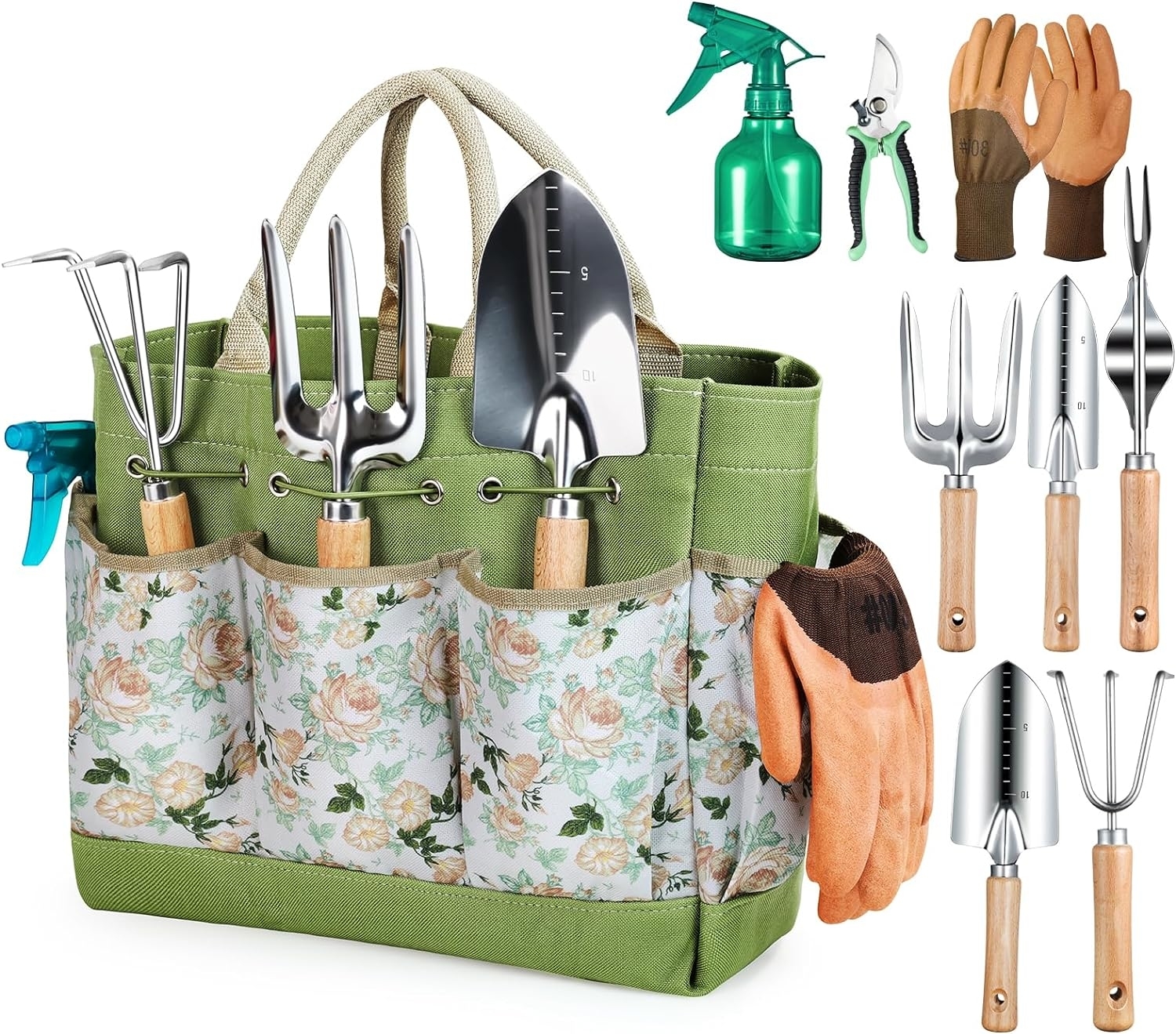 Gardening tool set with floral tote, gloves, spray bottle, and various tools. Perfect for garden enthusiasts