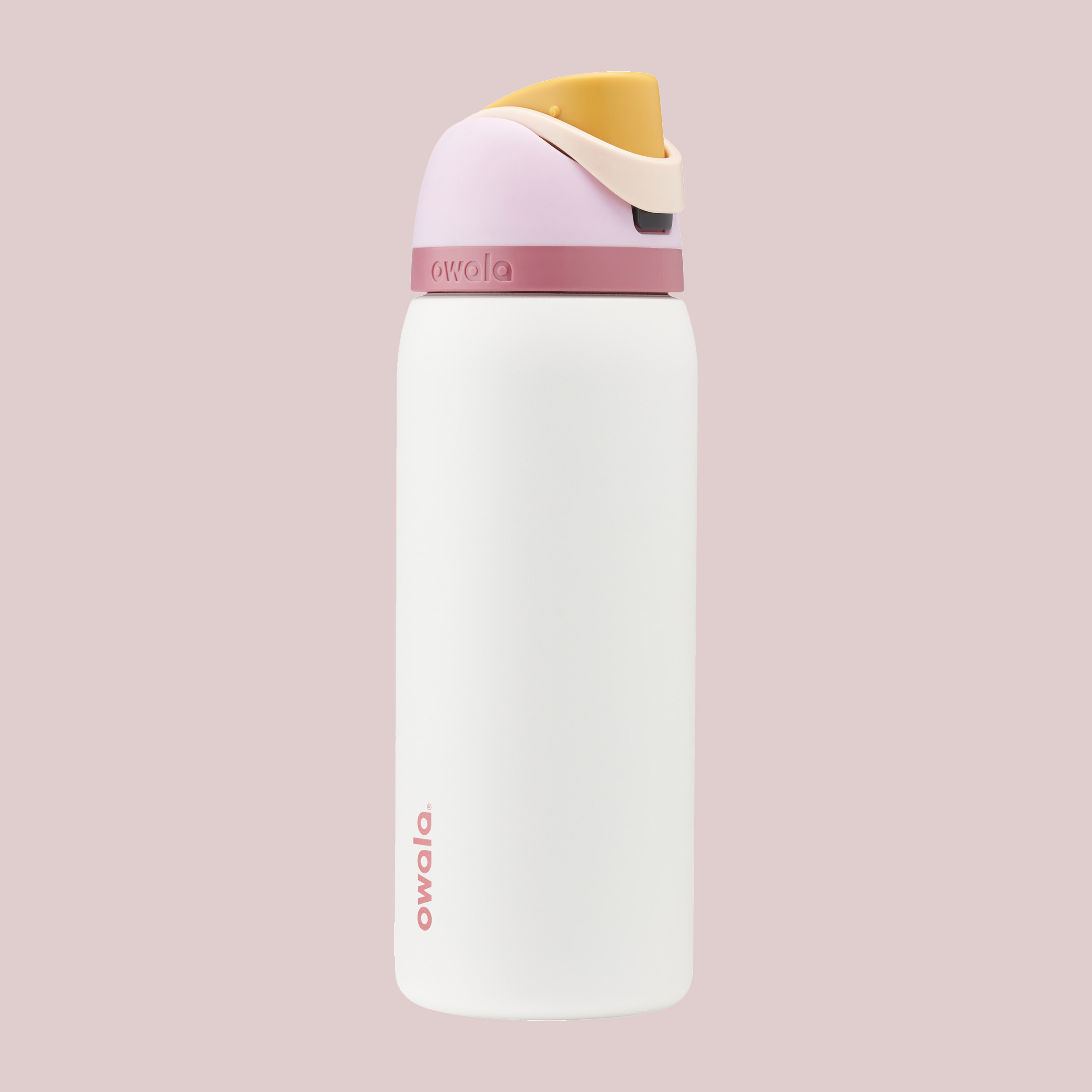 Owala water bottle with flip-top lid and carrying handle on a plain background