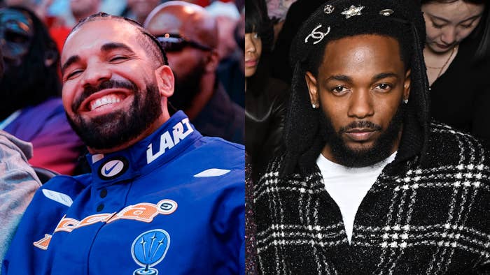 Drake smiling in a sports jacket, Kendrick Lamar in a textured coat with a hat. Both looking away from camera