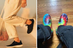 on left: model wearing black Allbirds sneakers. on right: reviewer wearing rainbow Crocs