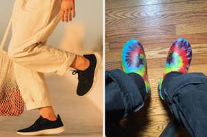 on left: model wearing black Allbirds sneakers. on right: reviewer wearing rainbow Crocs