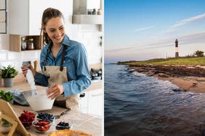 Side-by-side images: left, woman smiling while cooking; right, lighthouse beside a beach