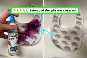 reviewer's child's stained bib and then bib without stains after using stain remover