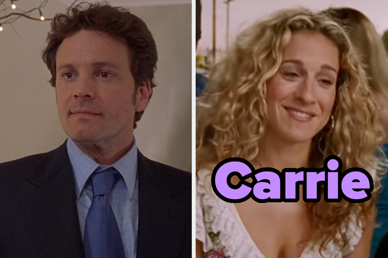On the left, Colin Firth as Mark Darcy in Bridget Jones's Diary, and on the right, Carrie Bradshaw