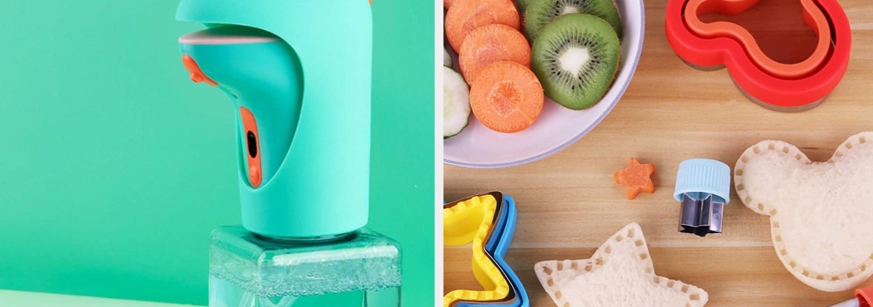 Hand soap dispenser shaped like a dinosaur next to dinosaur-shaped sandwich cutters and fruit slices
