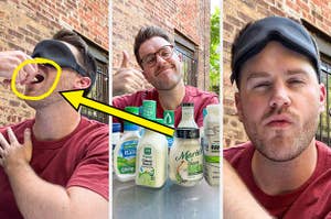 author tasting and reacting to a bite of a cracker with ranch, and smiling with a bunch of different ranch bottles facing the camera