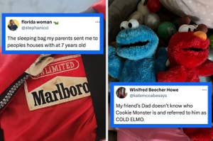 Image of two tweets with text and plush toys. One toy resembles Cookie Monster and the other looks like Elmo