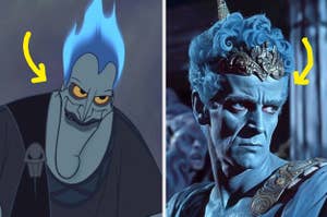 Animated Hades from Disney's Hercules and actor as Hades in costume, side by side for character comparison