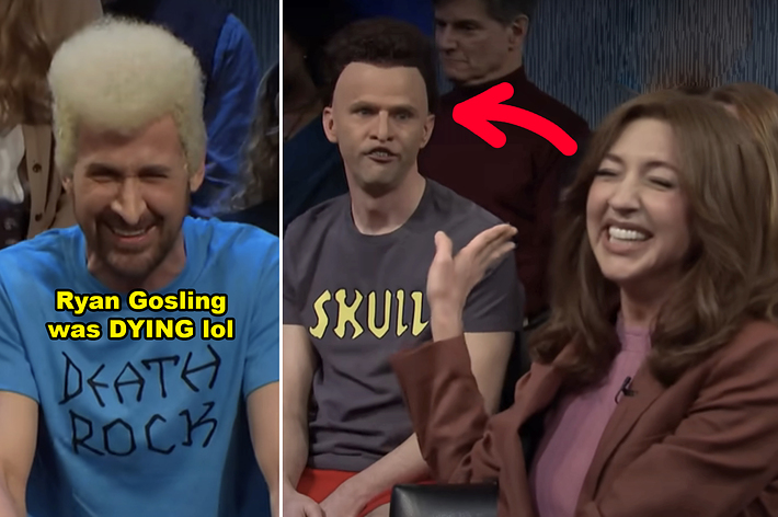 Ryan Gosling with a big smile, wearing a 'Death Rock' shirt on SNL set, with cast members around. Text overlay humorously comments on his look