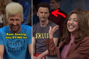 Ryan Gosling with a big smile, wearing a 'Death Rock' shirt on SNL set, with cast members around. Text overlay humorously comments on his look