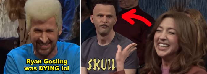 Ryan Gosling with a big smile, wearing a 'Death Rock' shirt on SNL set, with cast members around. Text overlay humorously comments on his look