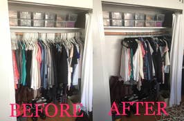 Side-by-side comparison of a cluttered closet before and an organized one after