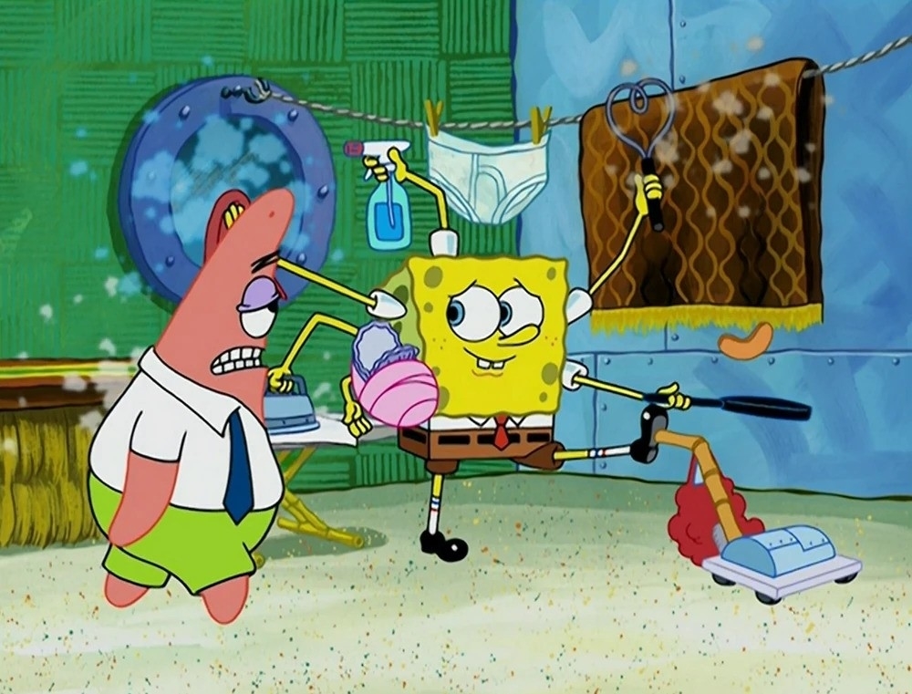 Patrick Star and SpongeBob SquarePants in SpongeBob&#x27;s house, doing a silly walk with a vacuum and mop