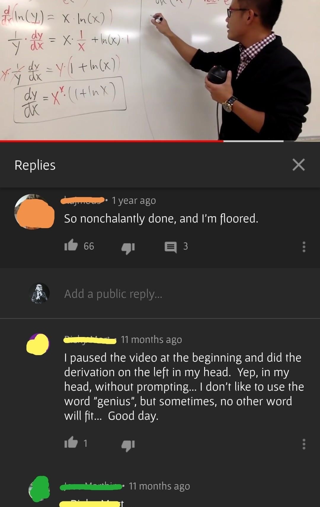Teacher explaining calculus on a whiteboard; below are YouTube comments reacting to the video