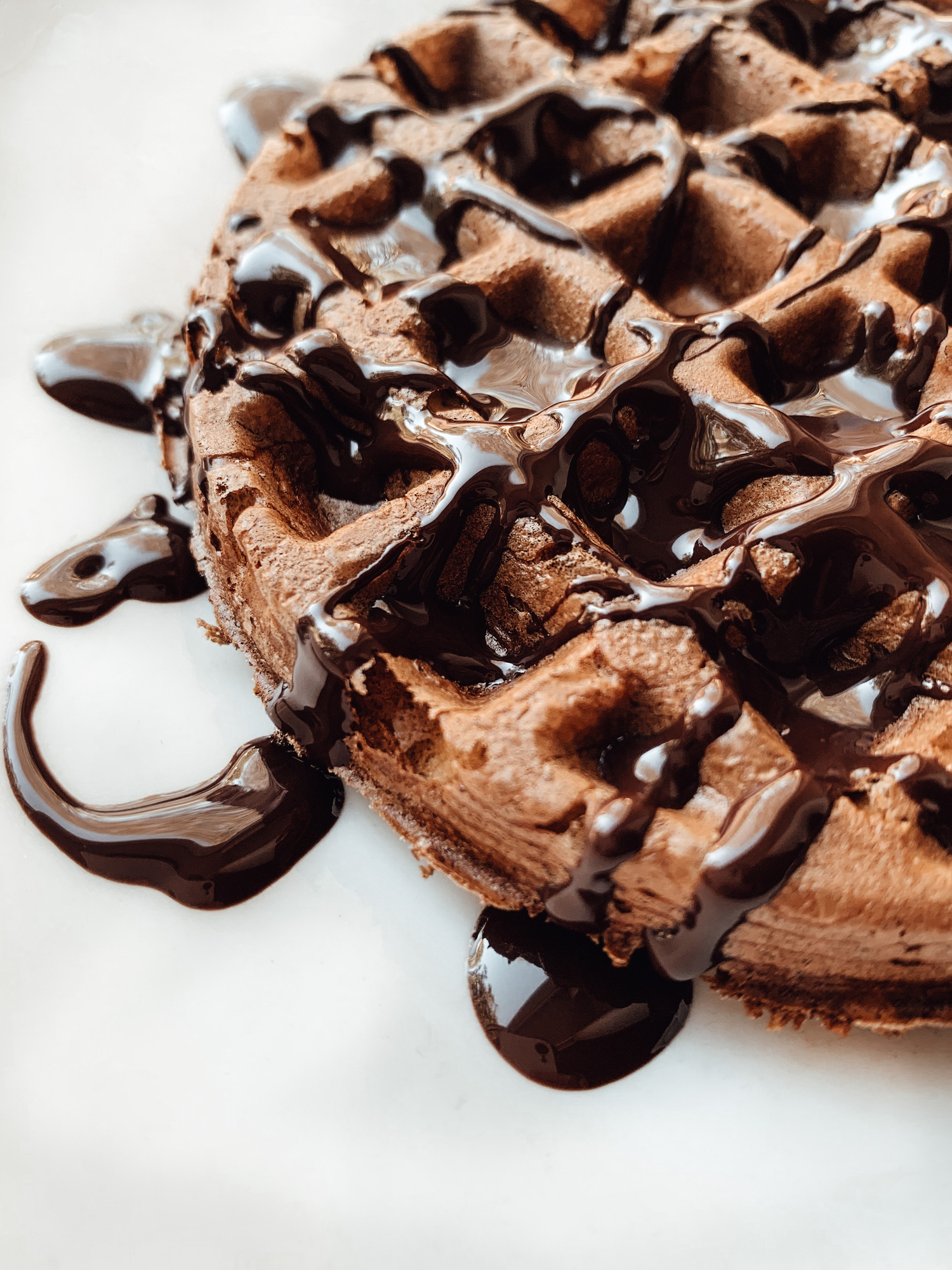 A chocolate-covered waffle on a plate