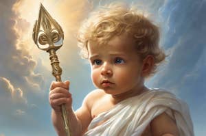 Illustration of a baby holding a spear, dressed in a toga, with a dramatic sky backdrop