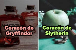 Dos objetos de "Harry Potter": a la izquierda, poción Amortentia; derecha, manzana con anillo de Slytherin