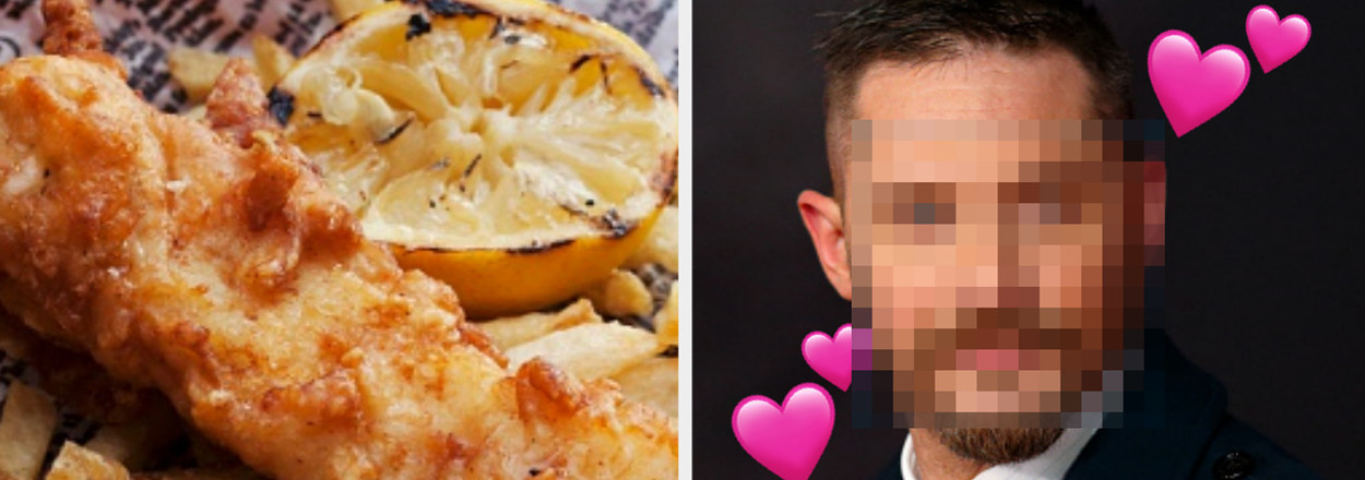Split image: Left shows fish and chips; right has a pixelated person with heart emojis