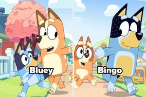 Los personajes animados Bluey y Bingo corren y juegan en un fondo de parque