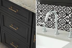 Elegant bathroom with a black vanity cabinet, ornate backsplash, and nickel-finished faucet. Ideal for chic decor inspiration