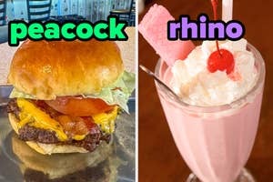 On the left, a bacon cheeseburger labeled peacock, and on the right, a strawberry shake in a glass labeled rhino