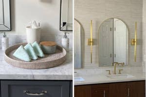 Bathroom decor with wicker tray holding towels and jars; vanity area with mirror and gold fixtures