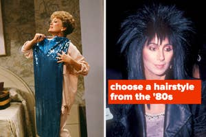 Split image: Left, character acting onstage. Right, Cher in a spiked hairdo with text "choose a hairstyle from the '80s"