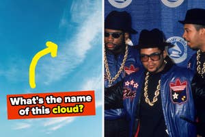 Graphic with cloud and text "What's the name of this cloud?" next to photo of Run-D.M.C. in signature hats and jackets