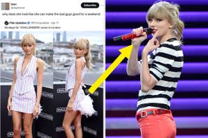 Zendaya in a chic striped dress at an event; Taylor Swift performing with a microphone