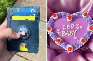 Left: Hand holding a wallet with credit cards. Right: Cake with "LEO BABY" icing text and decorative hearts