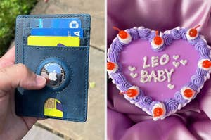 Left: Hand holding a wallet with credit cards. Right: Cake with "LEO BABY" icing text and decorative hearts