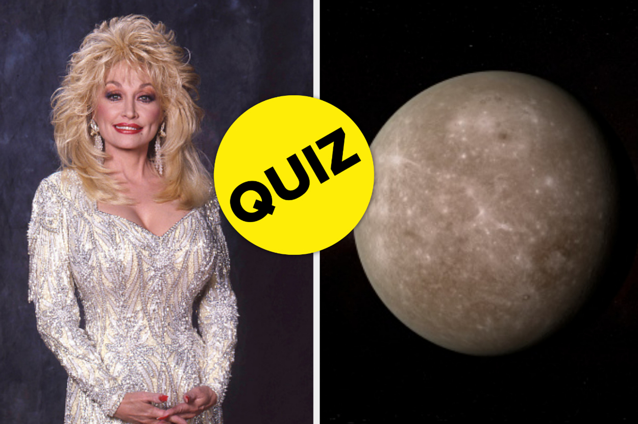 Dolly Parton stands next to a quiz sign; a planet is shown on the right. She's in a glittering outfit