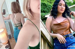 Two women modeling backless tops and high-waisted jeans, for fashion inspiration