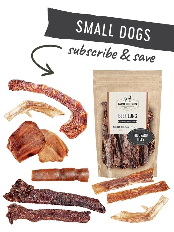 Advertisement for subscription service offering beef lung treats for small dogs, with various treats pictured