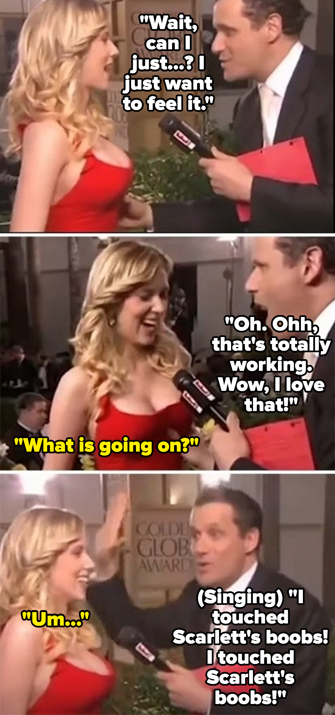 Scarlett Johansson in a red dress being interviewed at the Golden Globes