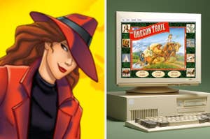 Split image: Left, Carmen Sandiego animation close-up; right, "The Oregon Trail" game on classic computer monitor