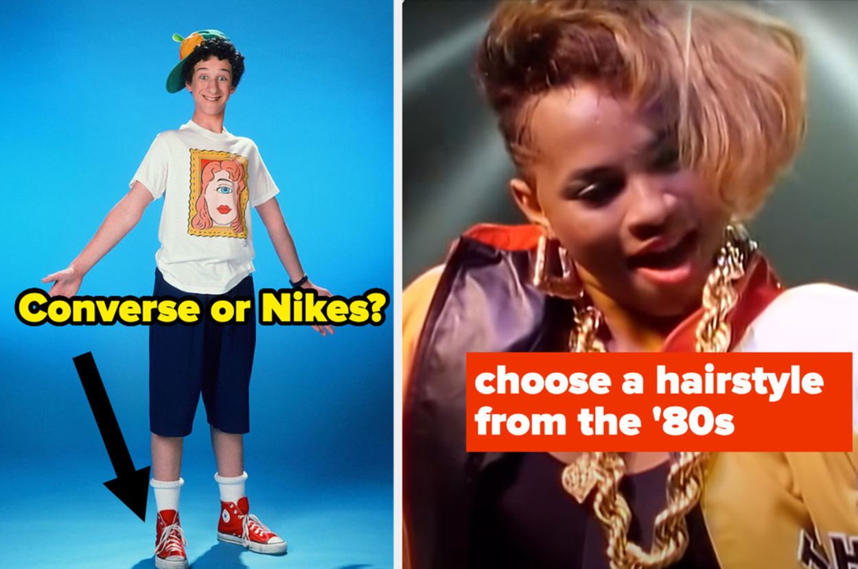 Two separate images: Left shows a person in casual attire with sneakers, right shows a person with an '80s hairstyle. Text: "Converse or Nikes?" and "choose a hairstyle from the '80s"