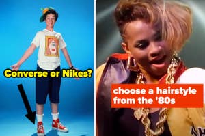 Two separate images: Left shows a person in casual attire with sneakers, right shows a person with an '80s hairstyle. Text: "Converse or Nikes?" and "choose a hairstyle from the '80s"