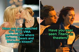 Split image: left, Britney Spears and Madonna at 2003 VMAs; right, still from "Titanic" with Leonardo DiCaprio and Kate Winslet