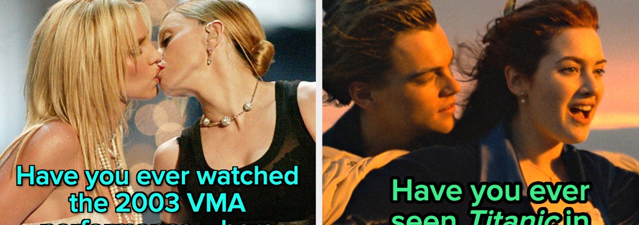 Split image: left, Britney Spears and Madonna at 2003 VMAs; right, still from "Titanic" with Leonardo DiCaprio and Kate Winslet